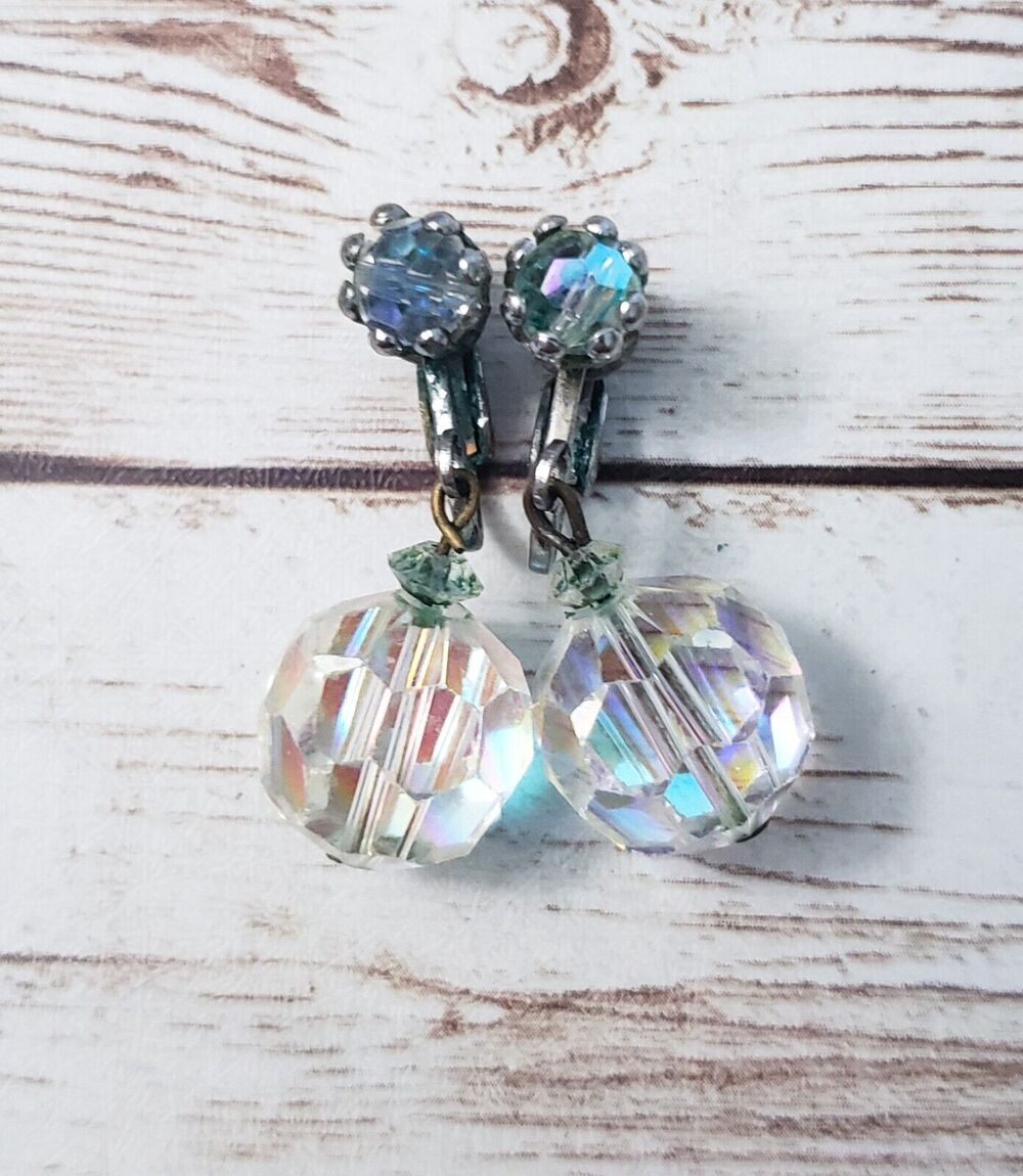 Vintage Clip On Earrings - Clear Iridescent Gem Dangle